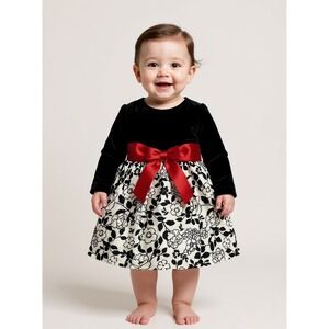 Rare Editions Baby Girl Black Velvet Floral Dress Red Bow Holiday 12M NWT‎